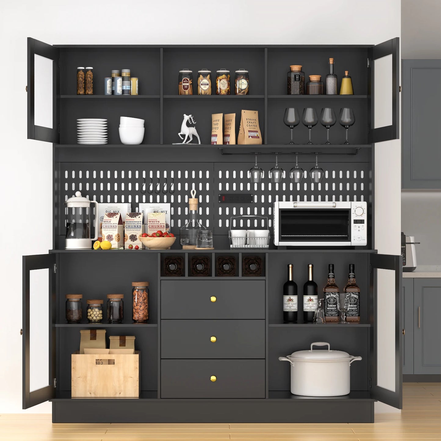 Modern Black Kitchen Storage Cabinet with Power Outlet and Pegboard