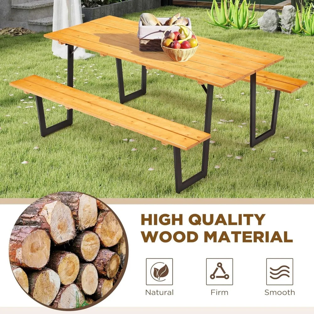 Wood Picnic Table Durable With Bench Set For Outdoor Patio