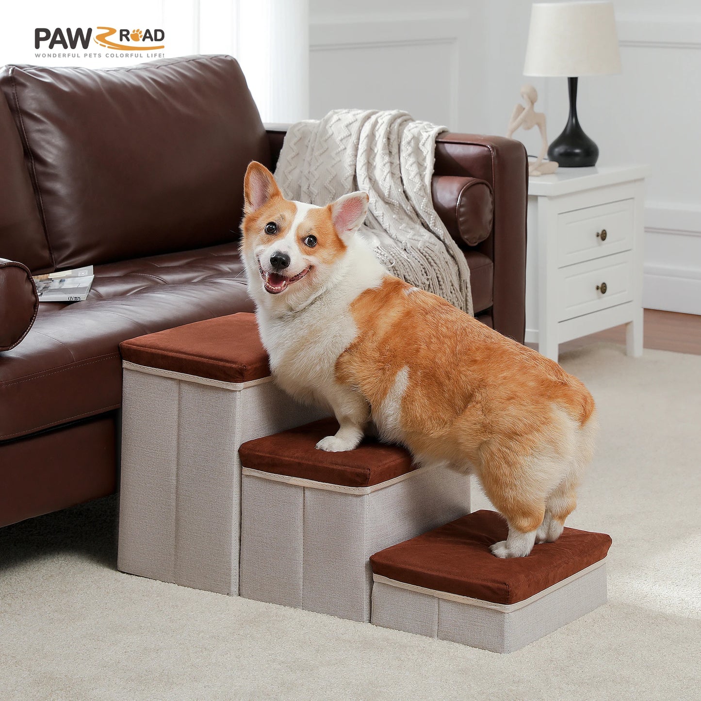 Foldable Dog Stairs With Storage Box Adjustable Height