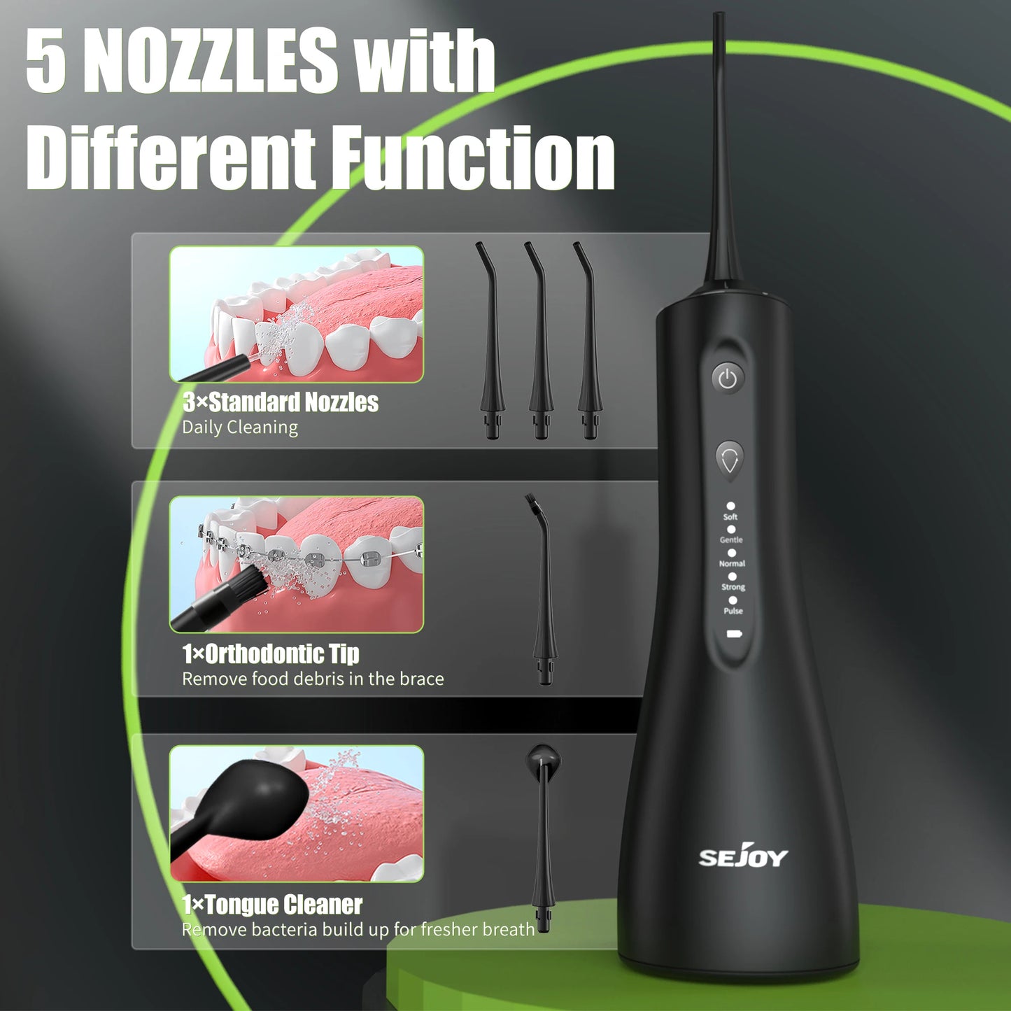 SEJOY USB Rechargeable Dental Water Flosser with 5 Modes