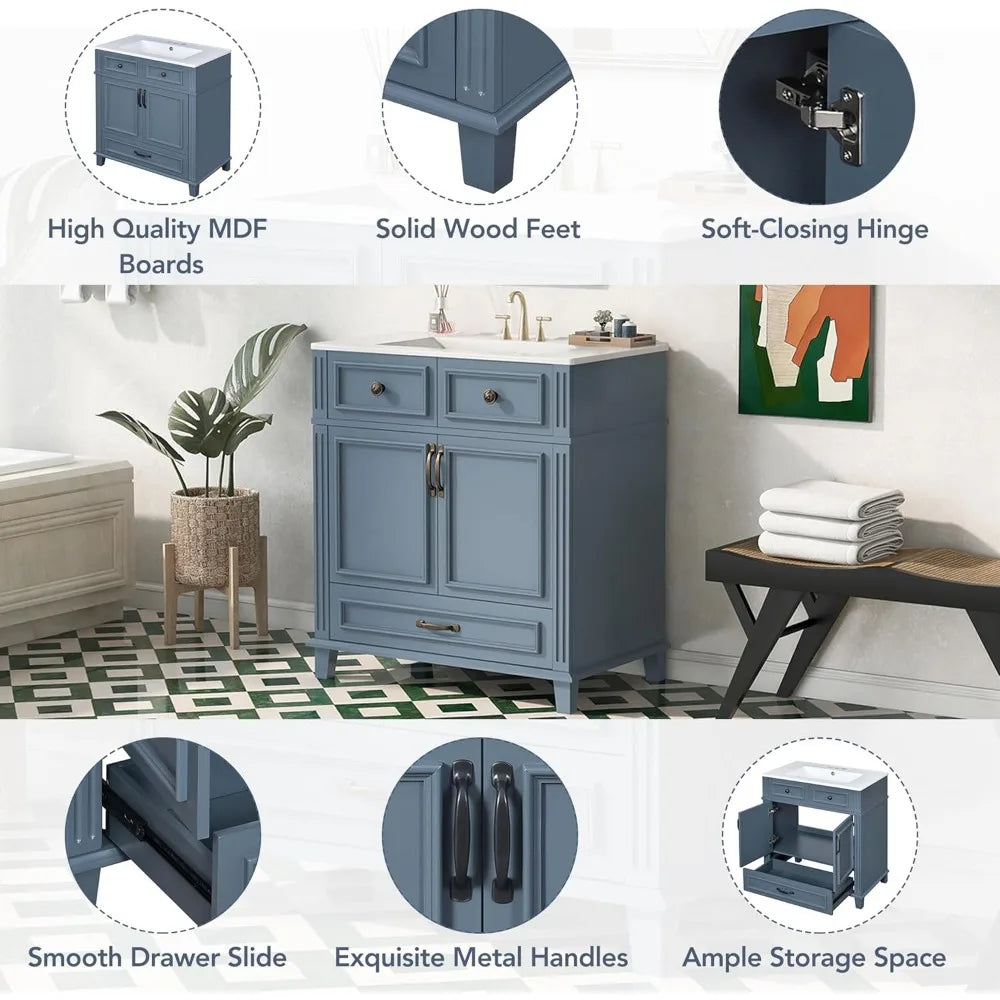 30 Inch Blue Solid Wood Vanity with Sink and Storage Space