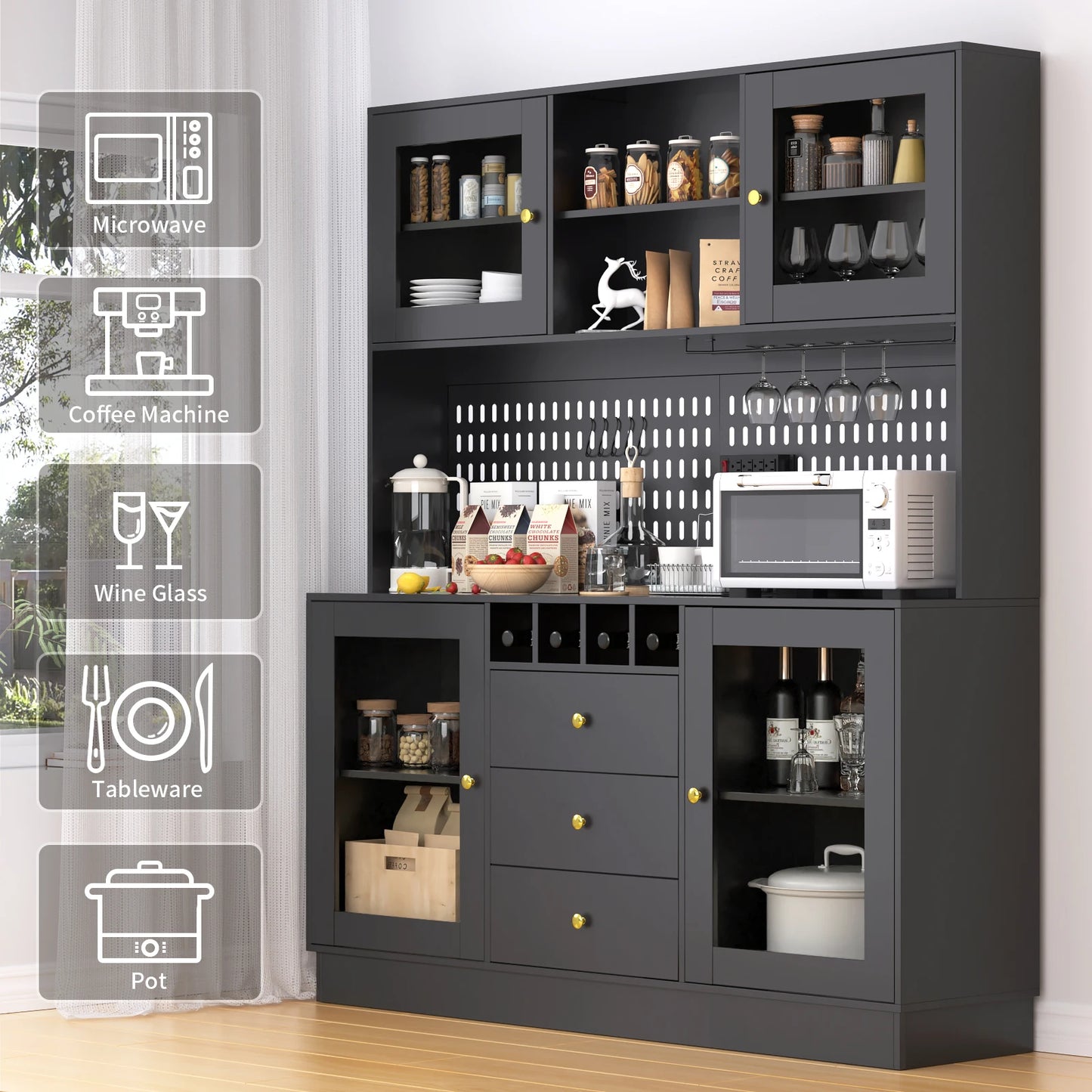 Modern Black Kitchen Storage Cabinet with Power Outlet and Pegboard