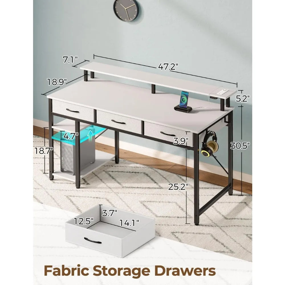 Space-Saving Computer Desk with Power Outlets and LED Lighting