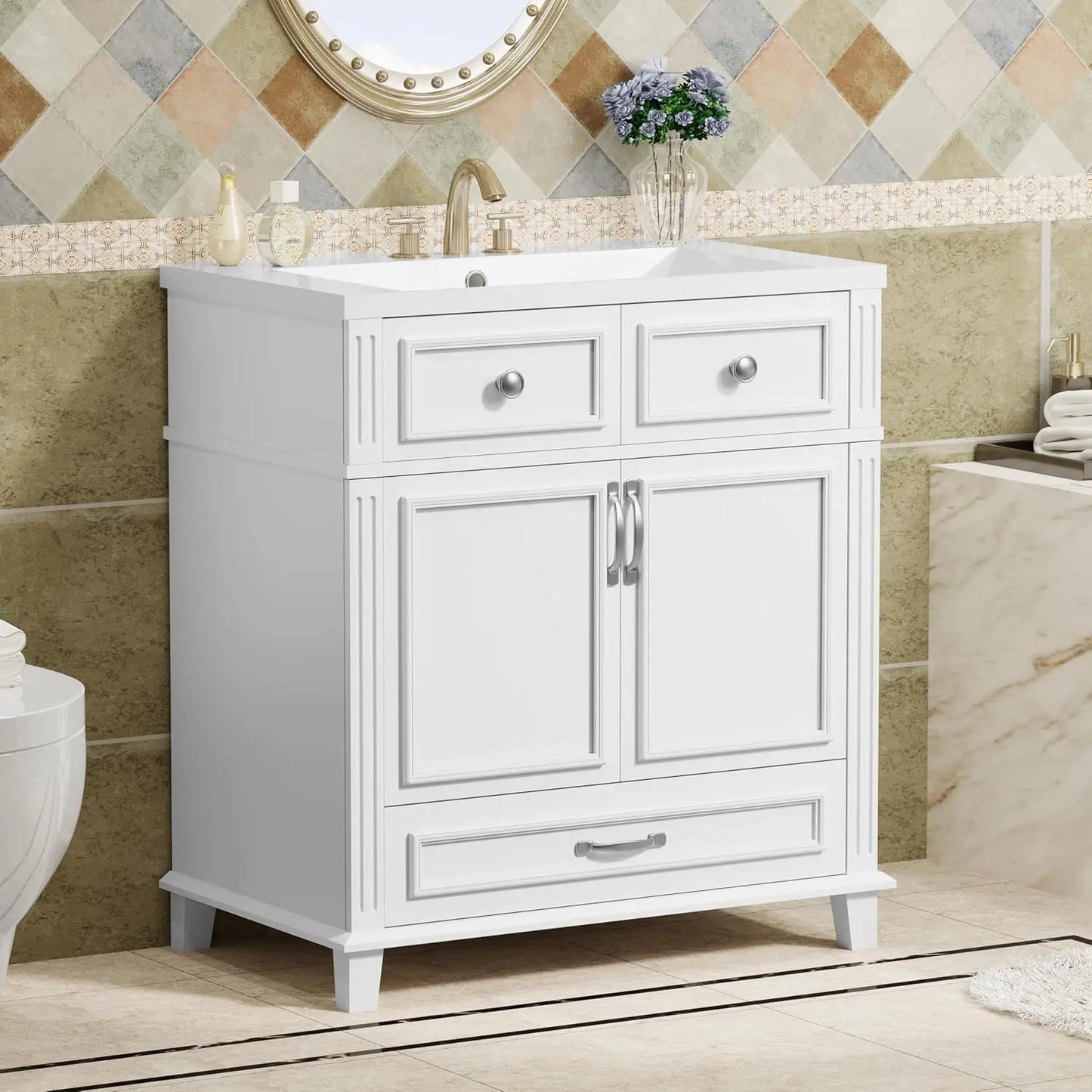 30 Inch Blue Solid Wood Vanity with Sink and Storage Space