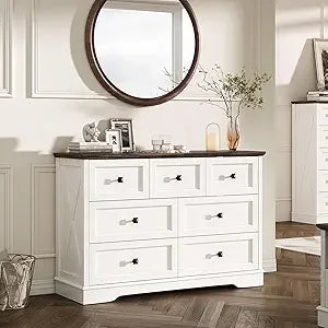 Farmhouse 7 Drawer Dresser With Charging Station White