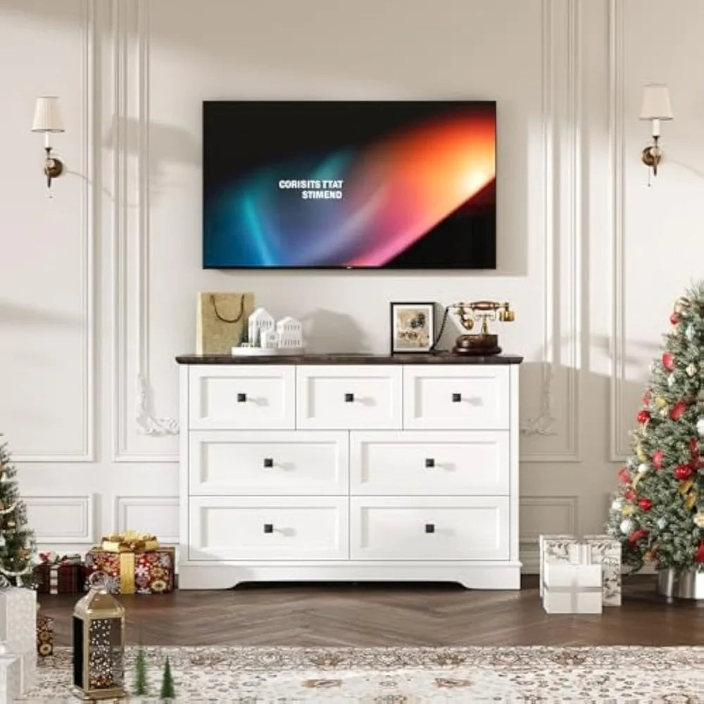 Farmhouse 7 Drawer Dresser With Charging Station White
