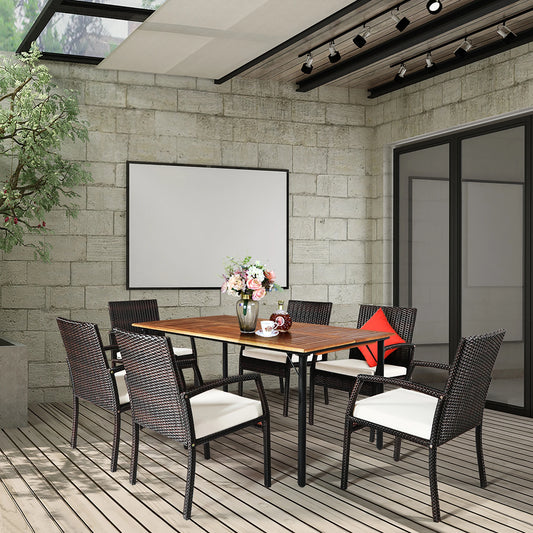 Elegant 7PCS Rattan Patio Dining Set with Wooden Top