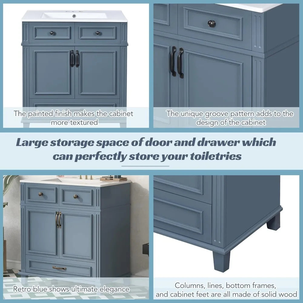 30 Inch Blue Solid Wood Vanity with Sink and Storage Space