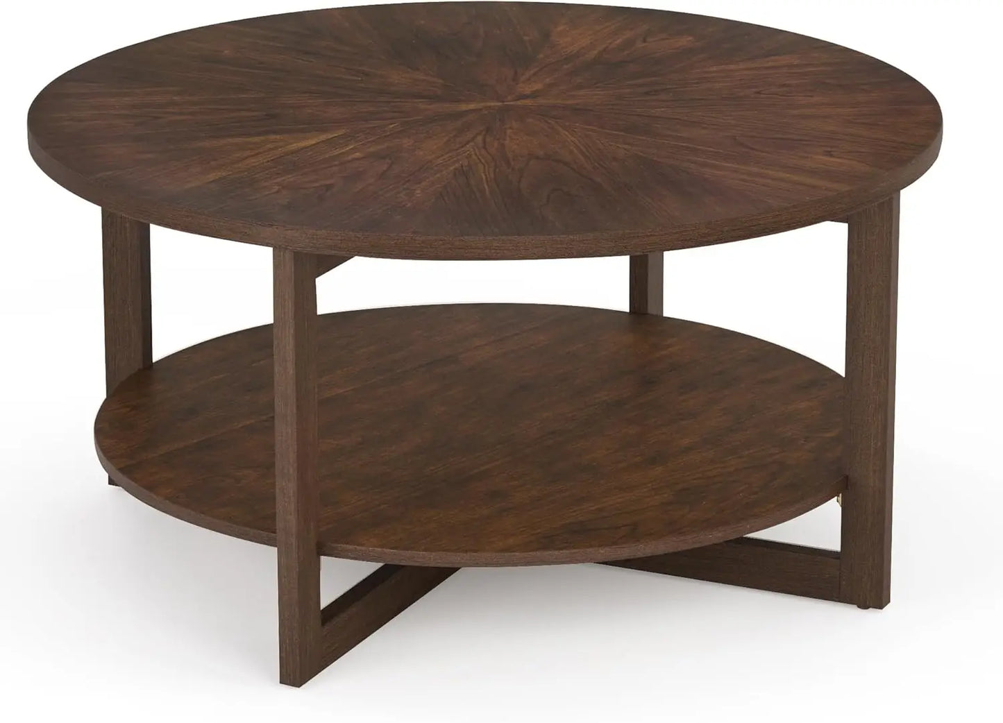 Rustic Modern Round Coffee Table with 2-Tier Storage