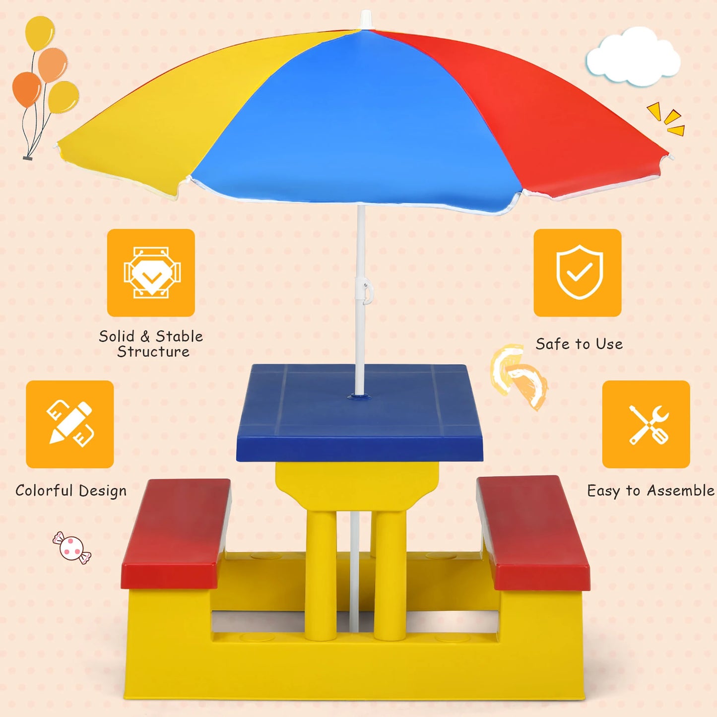 Homasish Kids Picnic Table Set with Removable Umbrella