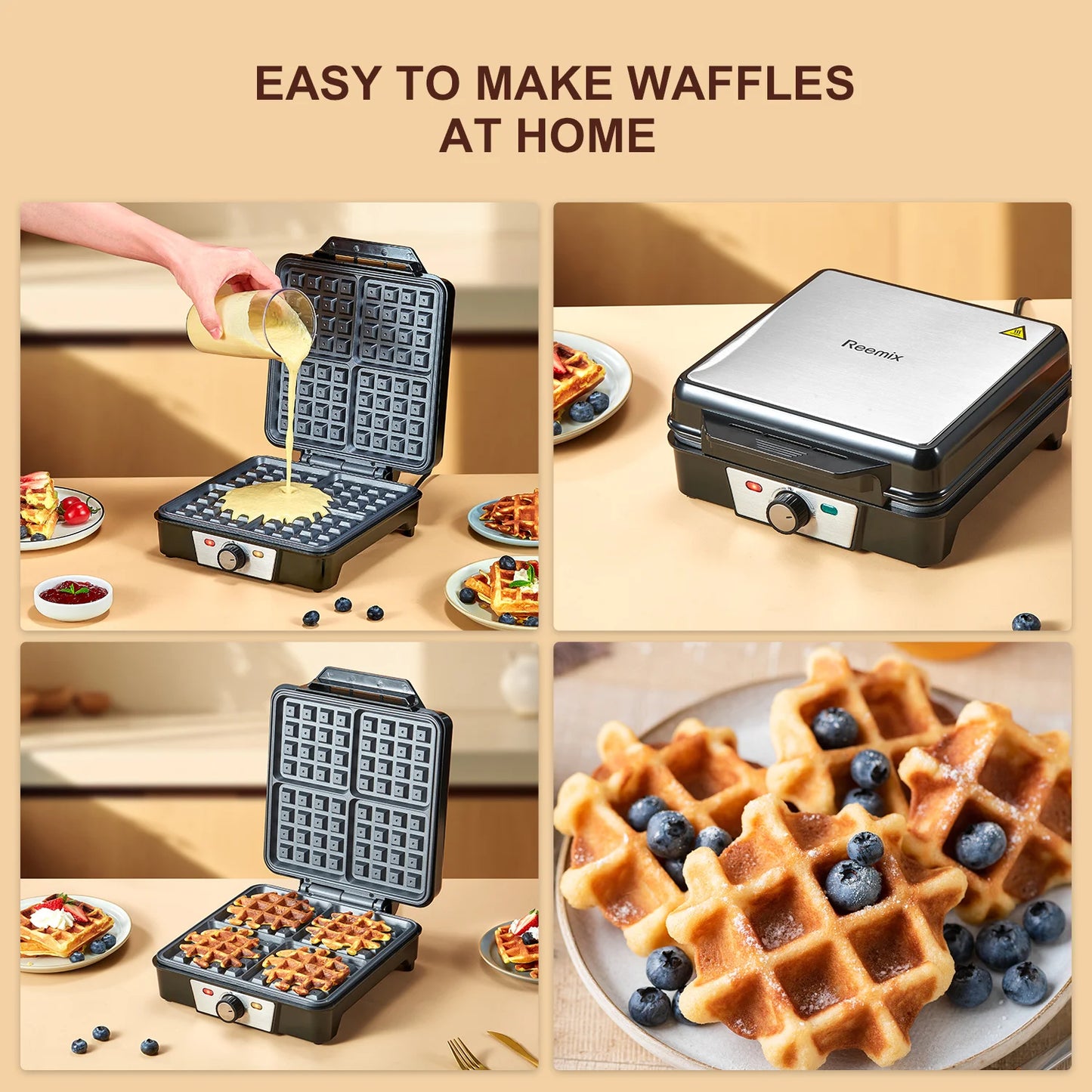 Belgian Waffle Maker 4 Slice Nonstick 3 Browning Levels