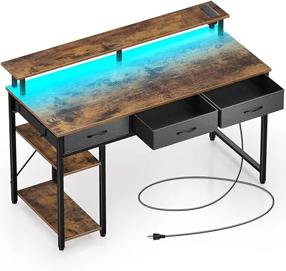 Space-Saving Computer Desk with Power Outlets and LED Lighting