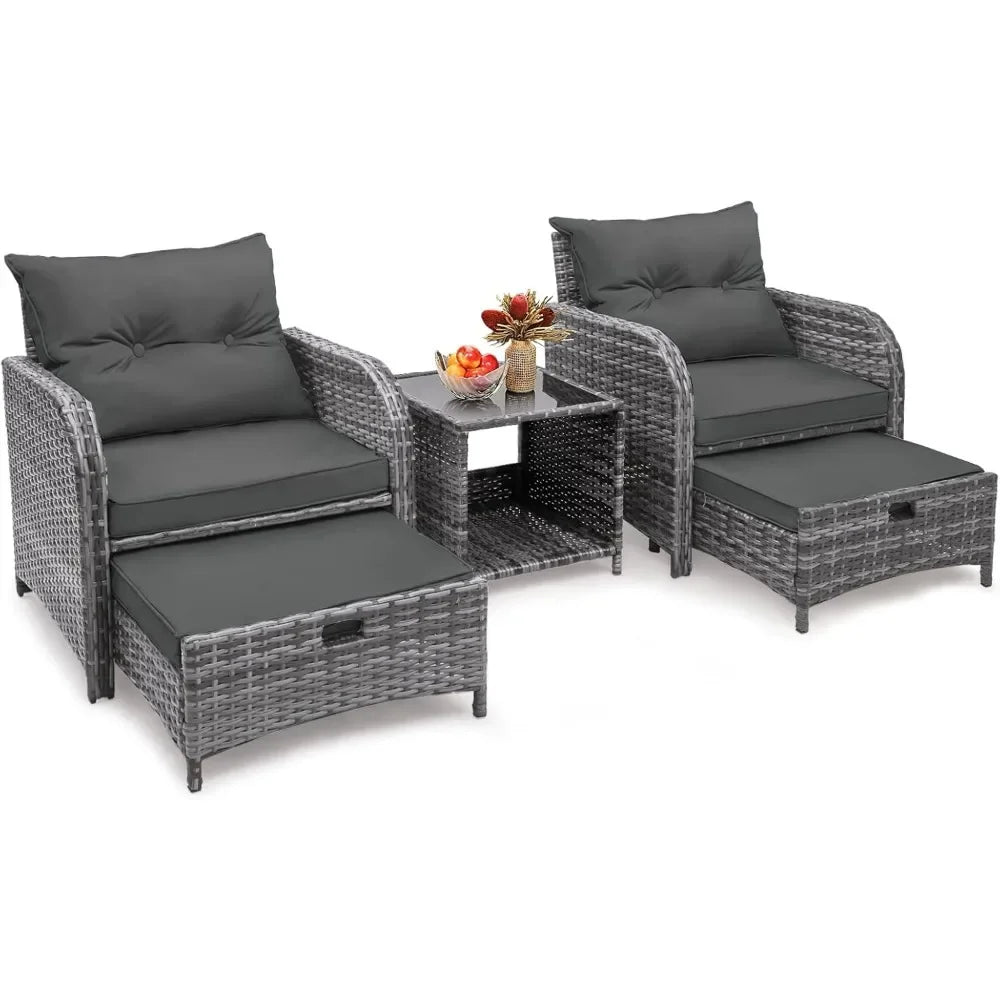 5 Piece Rattan Patio Chairs Set With Ottoman Comfort