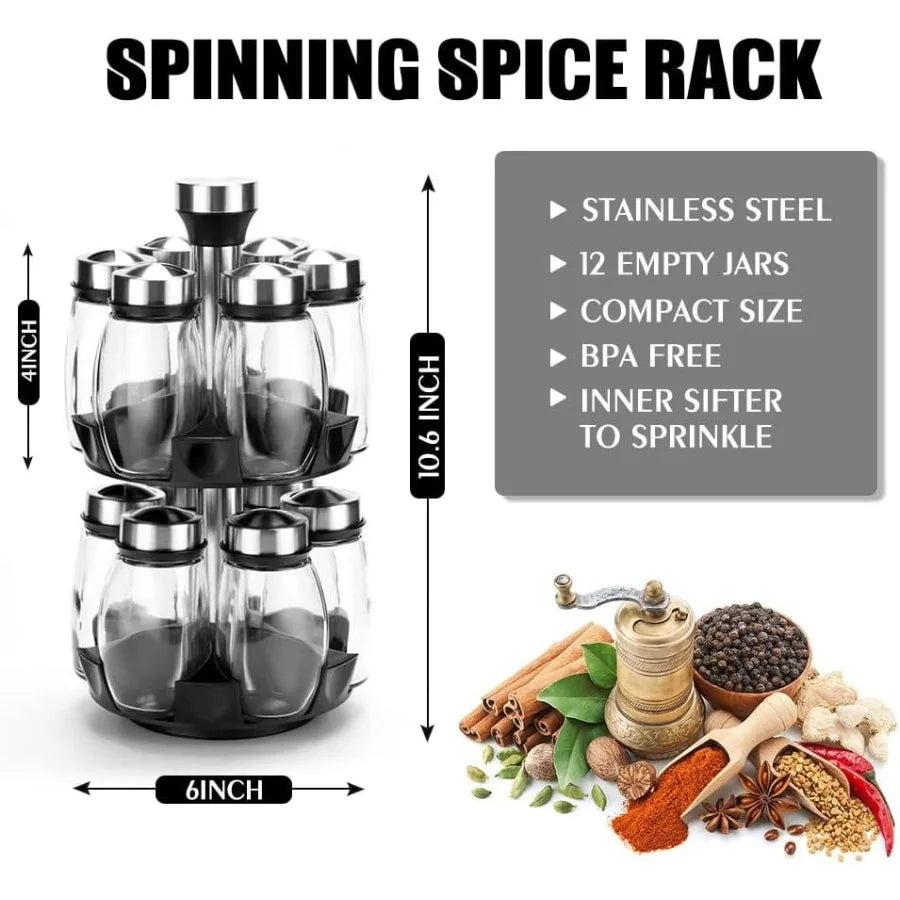 Revolving Spice Rack Organizer with 12 Glass Jar Bottles