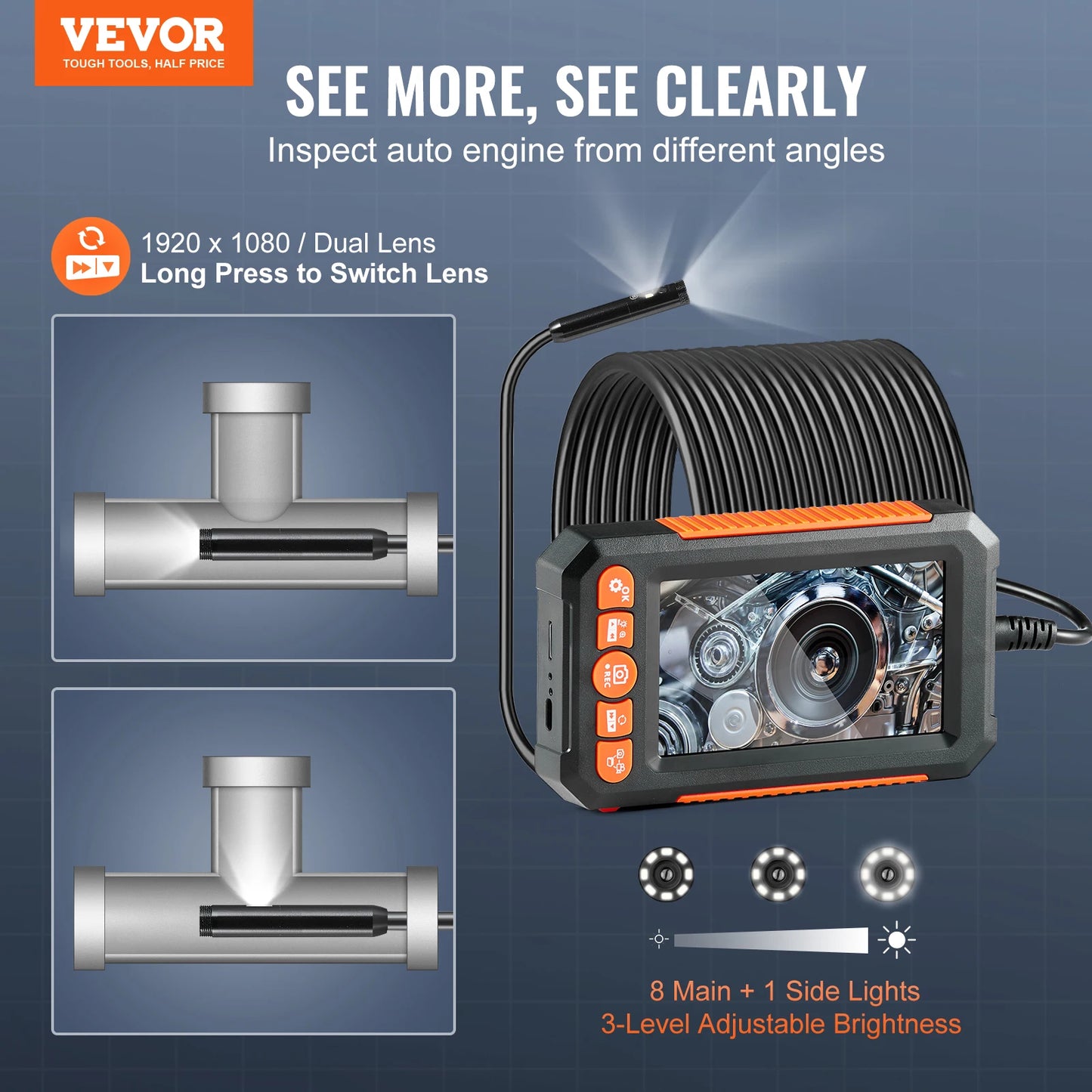 Dual Lens Endoscope Camera With LED Lights 4.3 Inch Screen