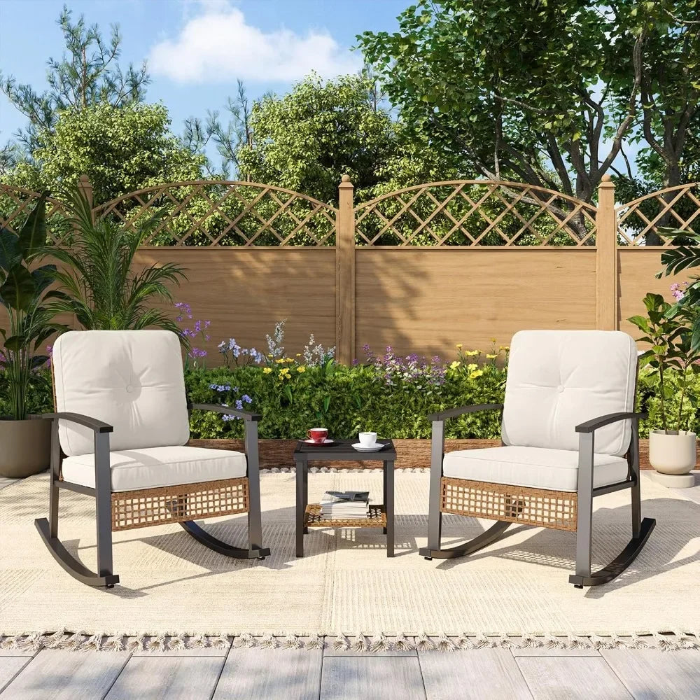 Outdoor Rocking Bistro Set With Cushioned Wicker Chairs