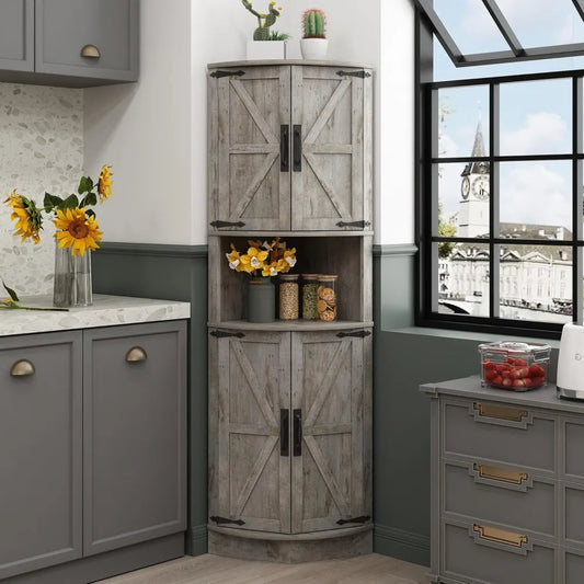 Farmhouse Grey Tall Corner Cabinet With Barn Door Design