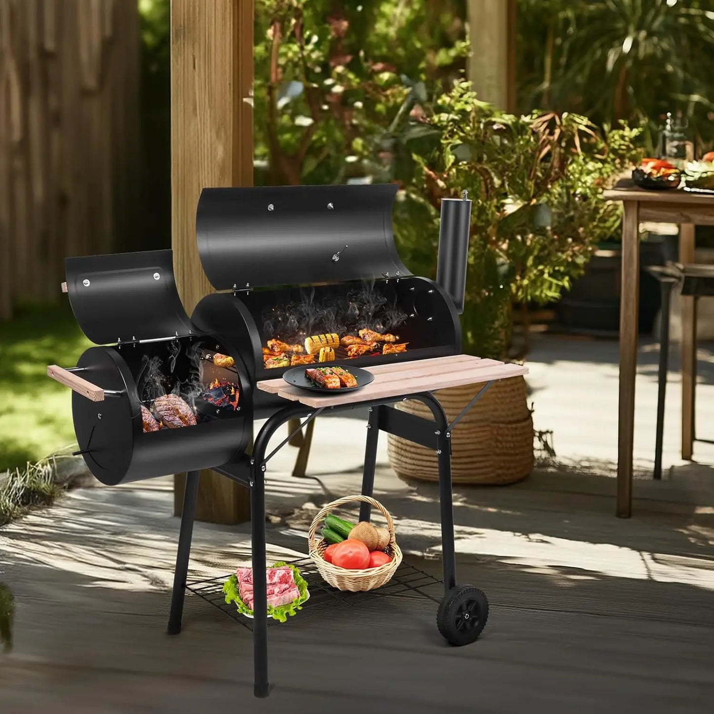 BBQ Charcoal Grill Outdoor Offset Smoker With Wheels