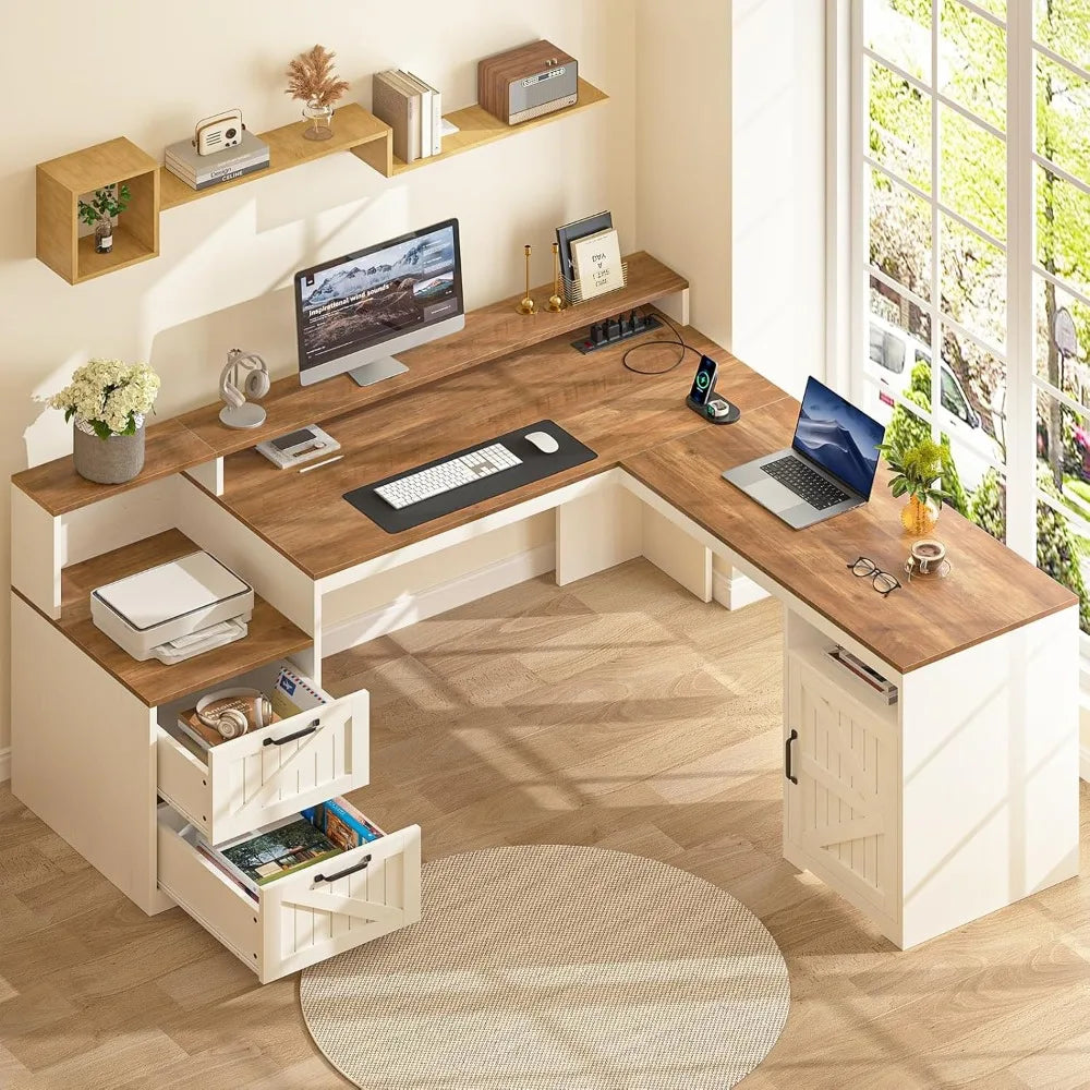 DAFIFY 63 Inch Farmhouse L Shaped Desk with Power Outlets