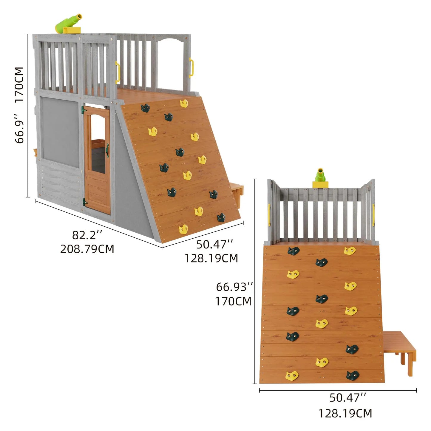 Large Wooden Kids Playhouse with Lookout and Climbing Ramp