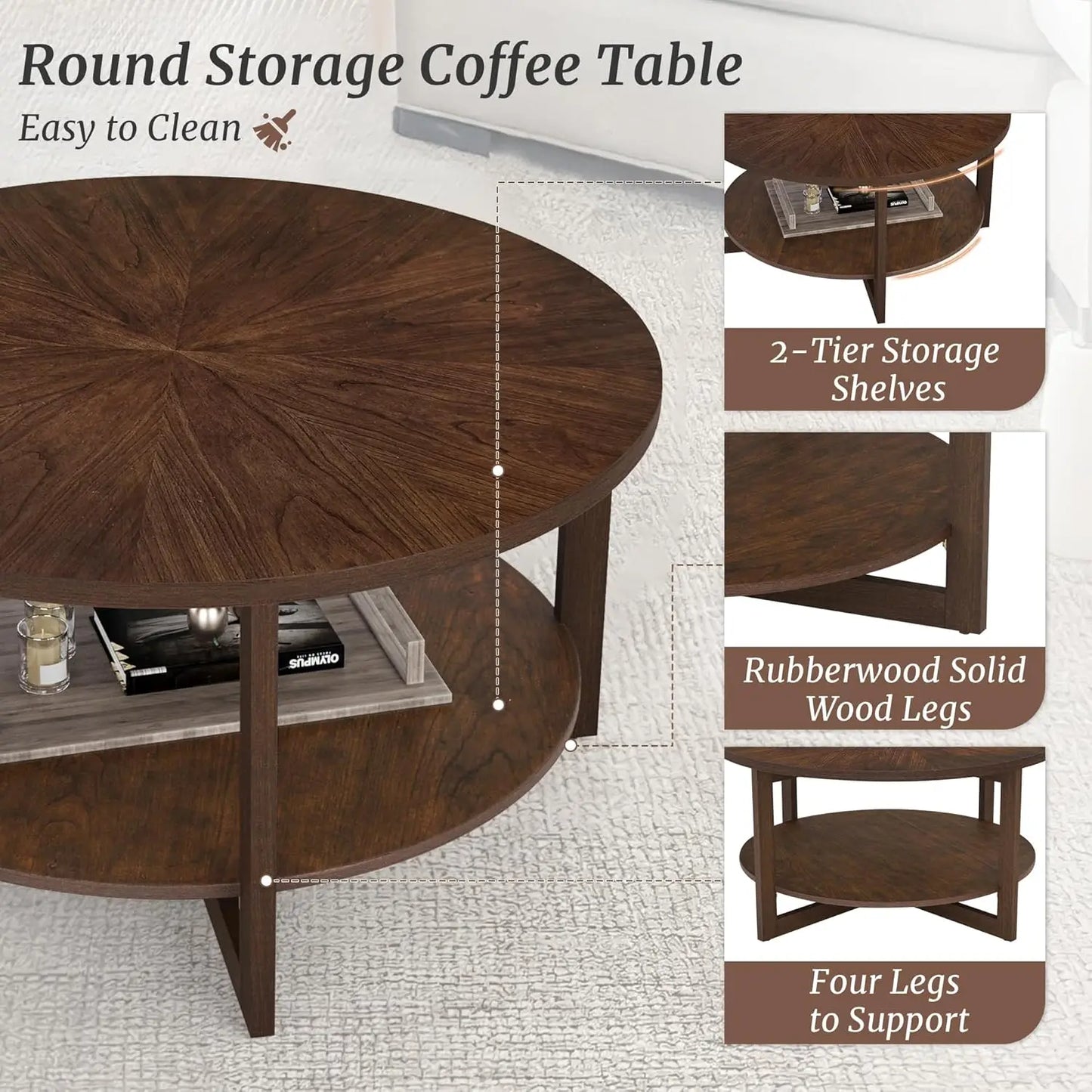 Rustic Modern Round Coffee Table with 2-Tier Storage