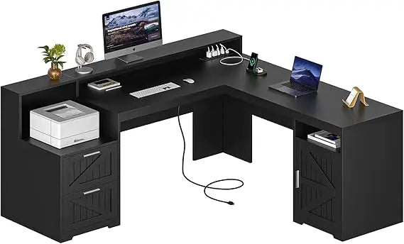 DAFIFY 63 Inch Farmhouse L Shaped Desk with Power Outlets