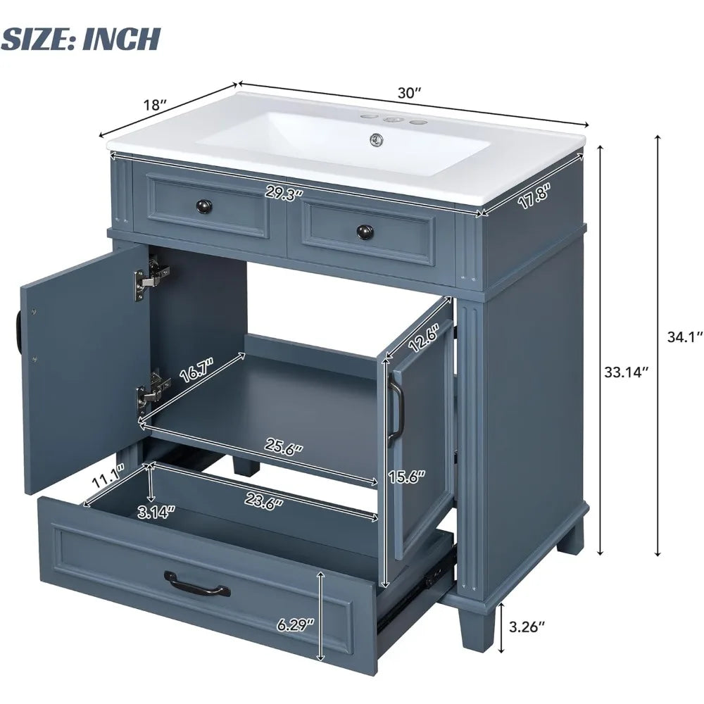 30 Inch Blue Solid Wood Vanity with Sink and Storage Space