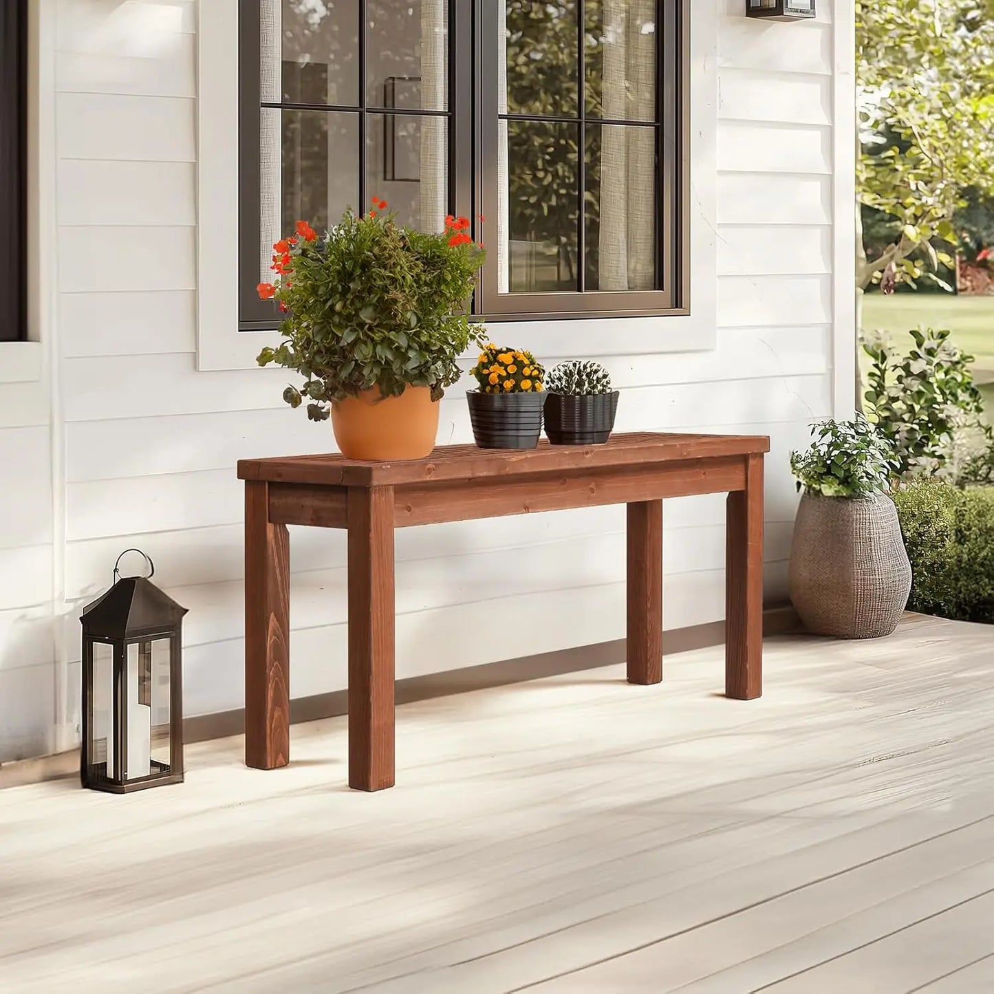 Outdoor Wooden Bench 40 Inch Backless Garden Seat For Patio