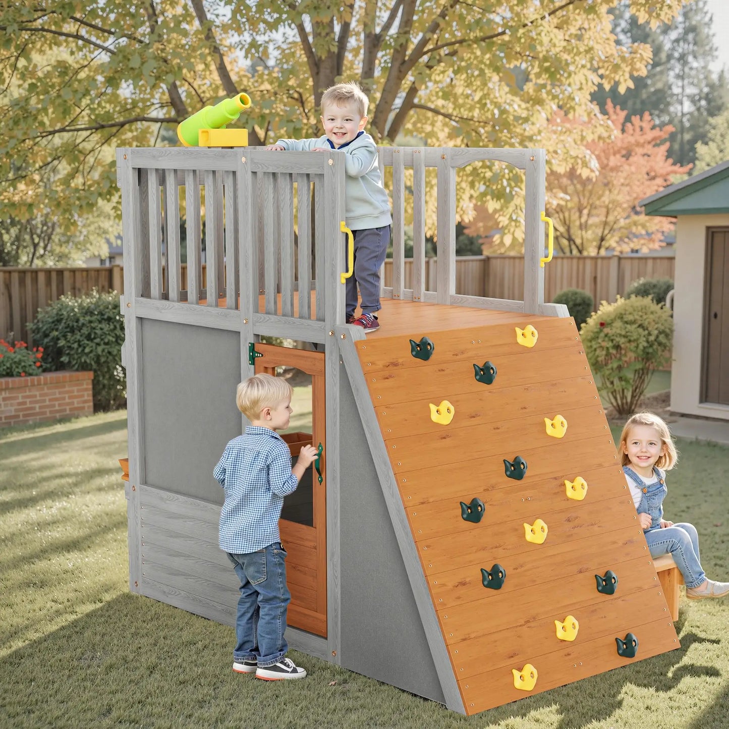 Large Wooden Kids Playhouse with Lookout and Climbing Ramp