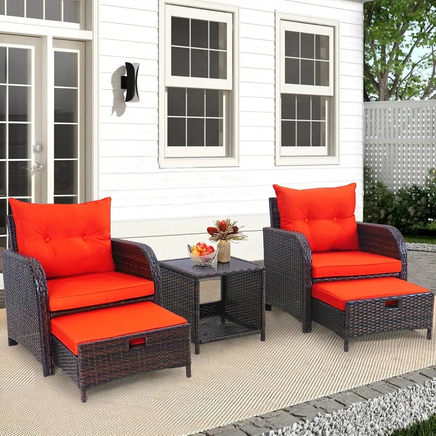 5 Piece Rattan Patio Chairs Set With Ottoman Comfort