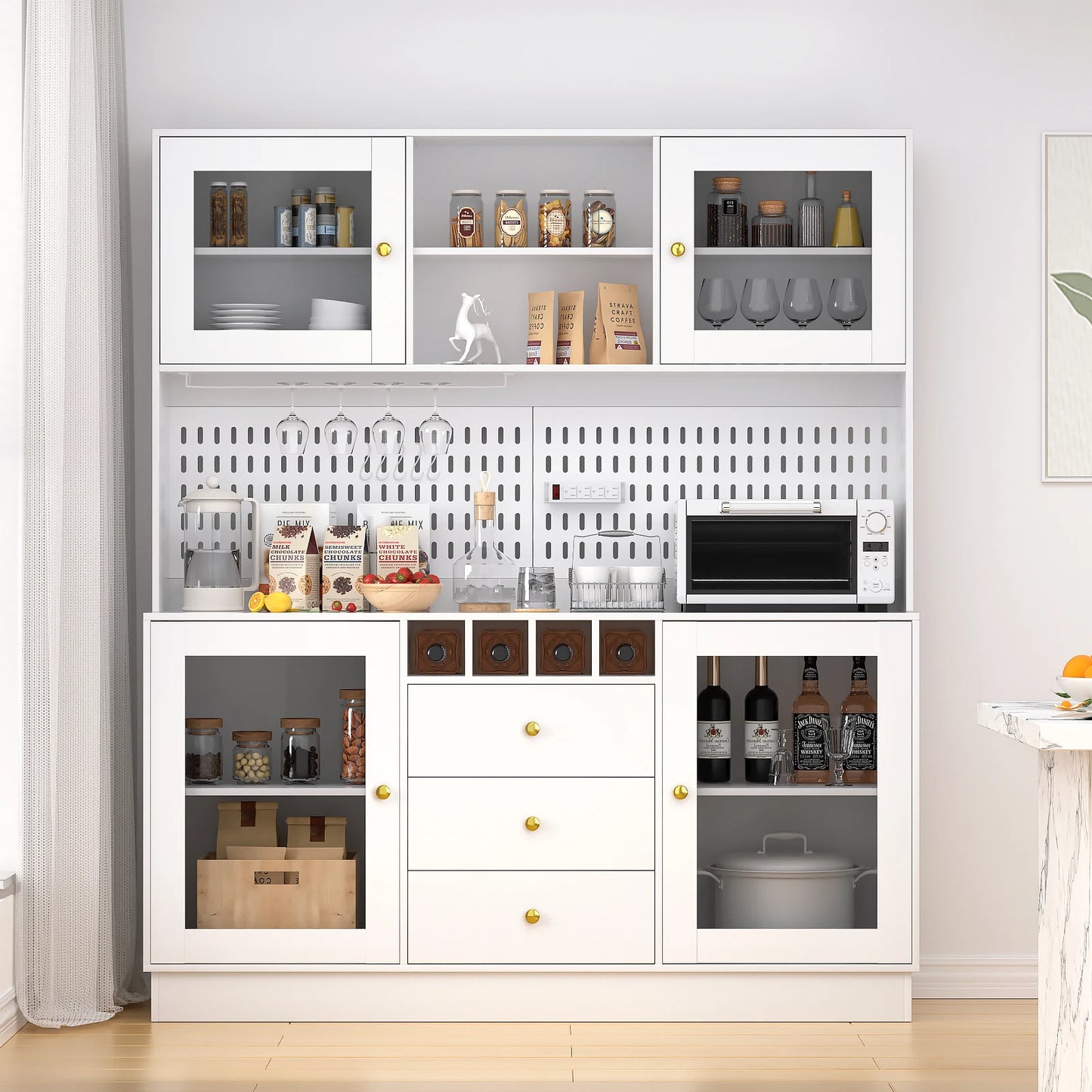 Modern Black Kitchen Storage Cabinet with Power Outlet and Pegboard