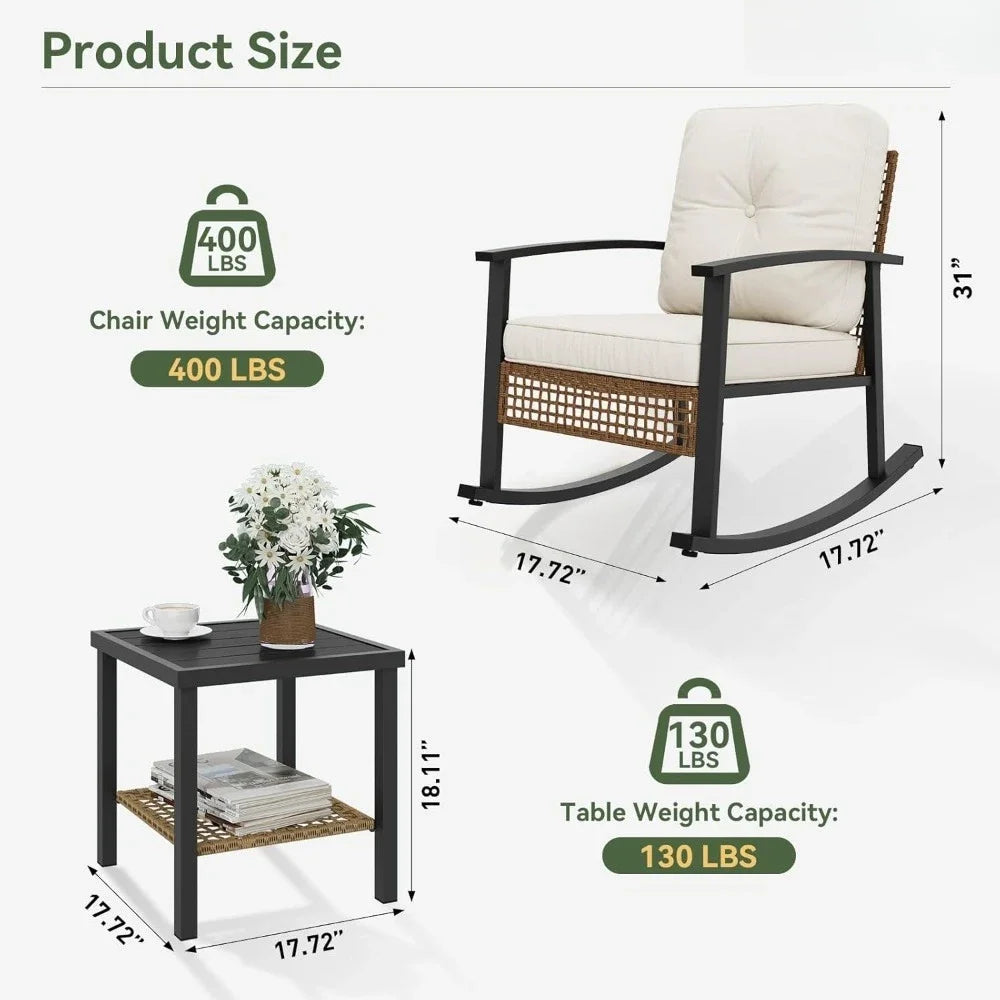 Outdoor Rocking Bistro Set With Cushioned Wicker Chairs