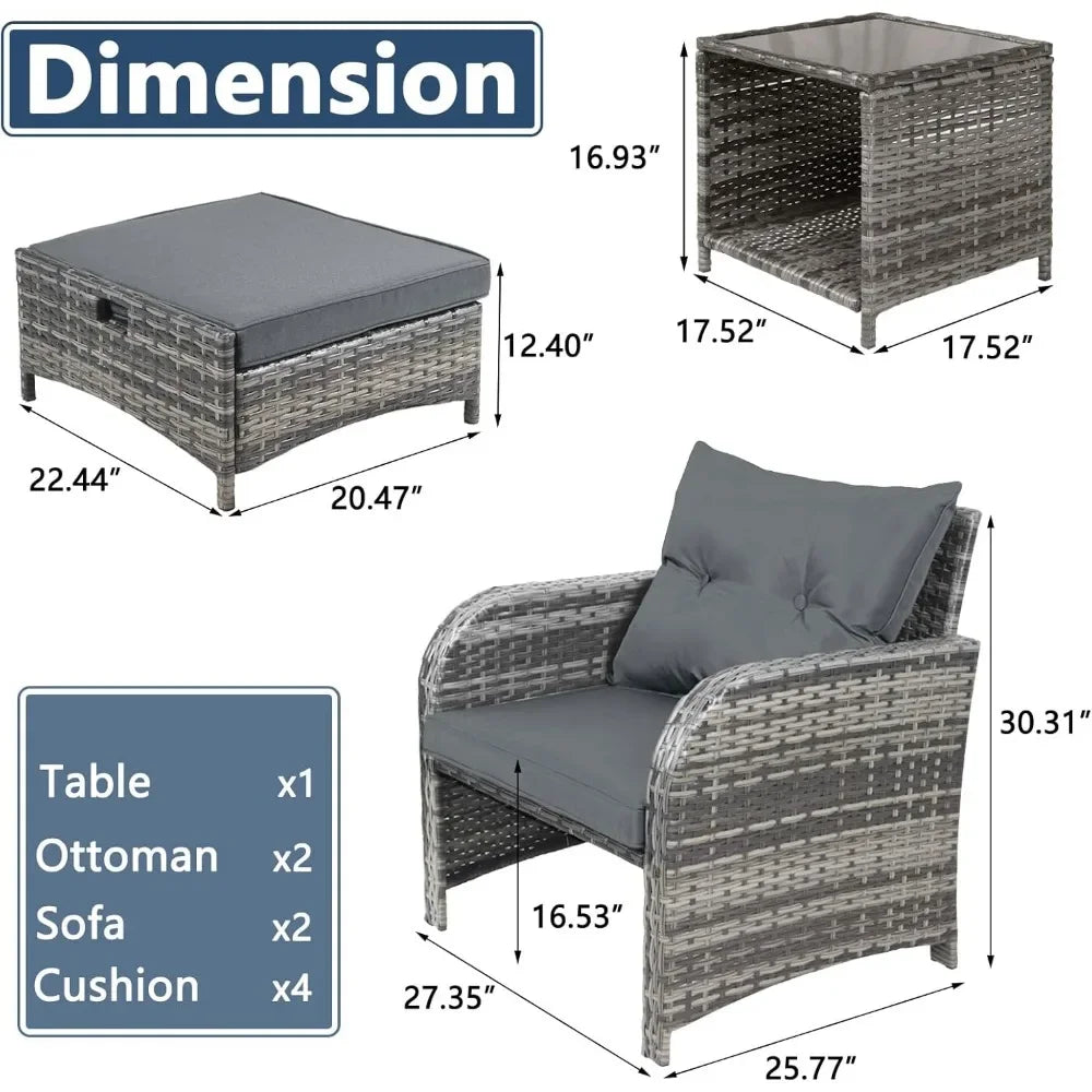 5 Piece Rattan Patio Chairs Set With Ottoman Comfort
