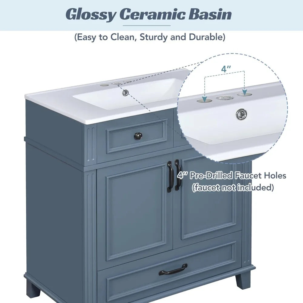 30 Inch Blue Solid Wood Vanity with Sink and Storage Space