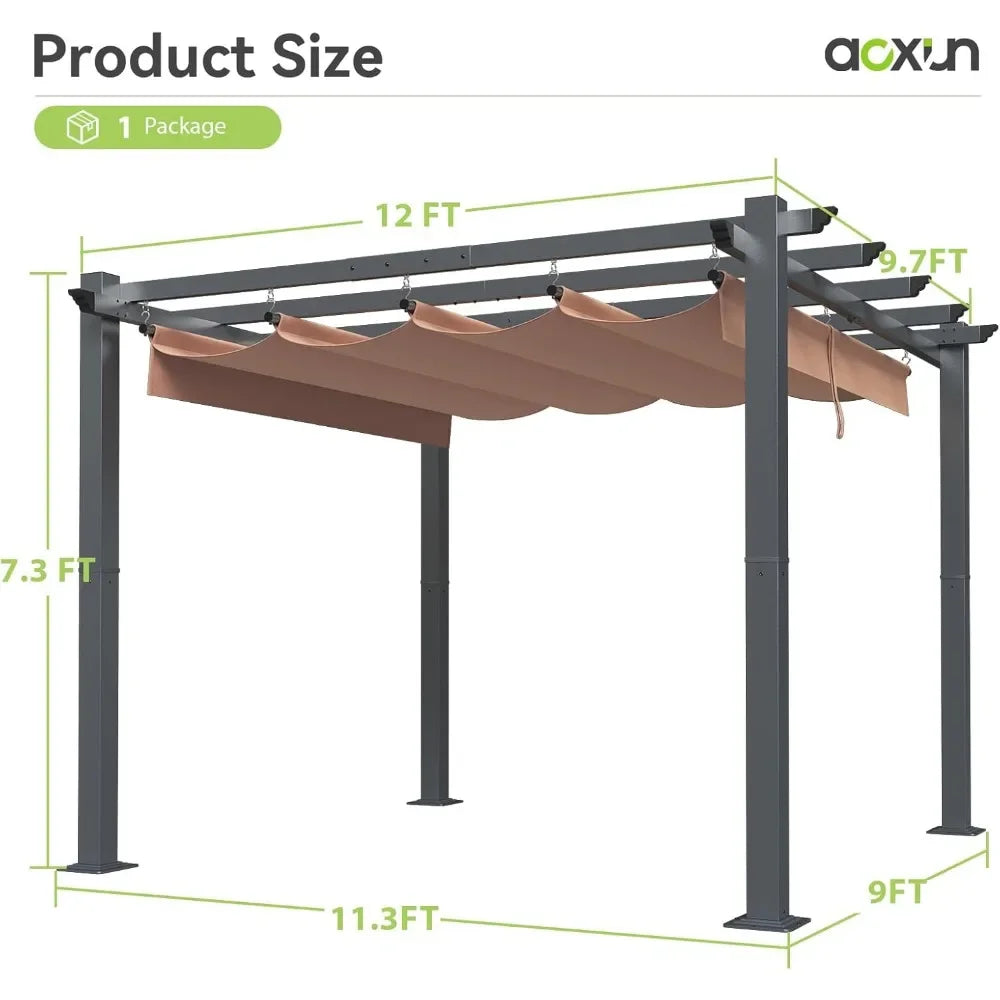 Outdoor Pergola With Adjustable Roof And Brown Shade Cover