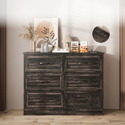 Vabches 6 Drawer Dresser With Power Strip for Stylish Bedroom Storage