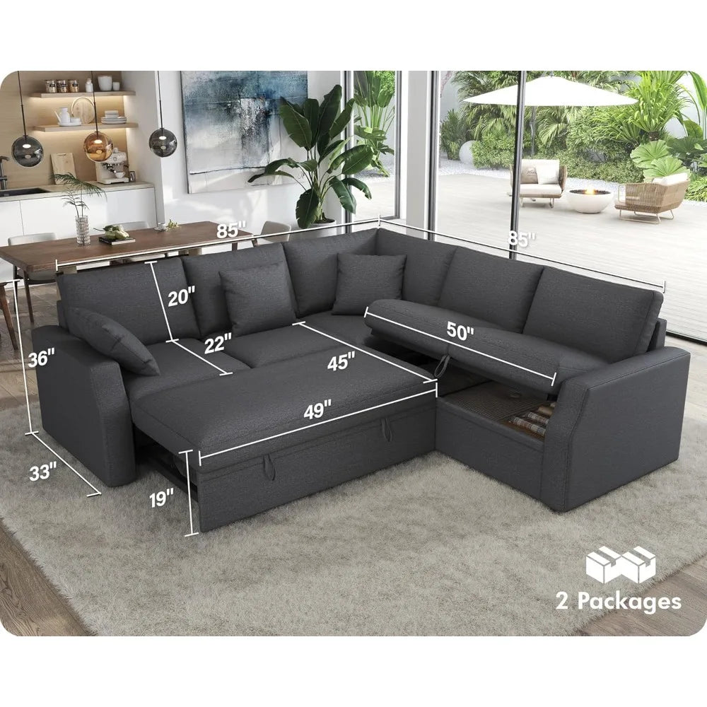 85 Inch Sofa Bed Sectional With Storage Seat Pull Out
