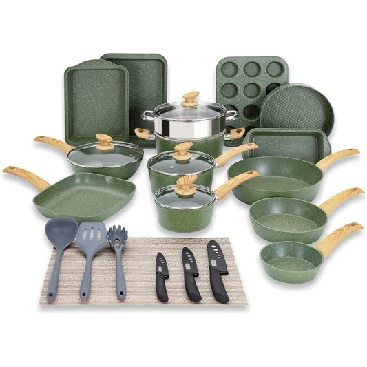 30 Piece Nonstick Cookware Set with Elegant Granite Design