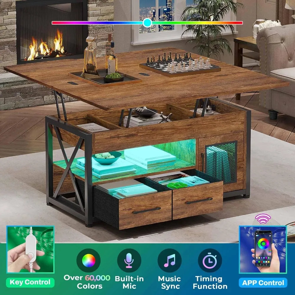 40 Inches Lift Top Coffee Table With Storage And LED