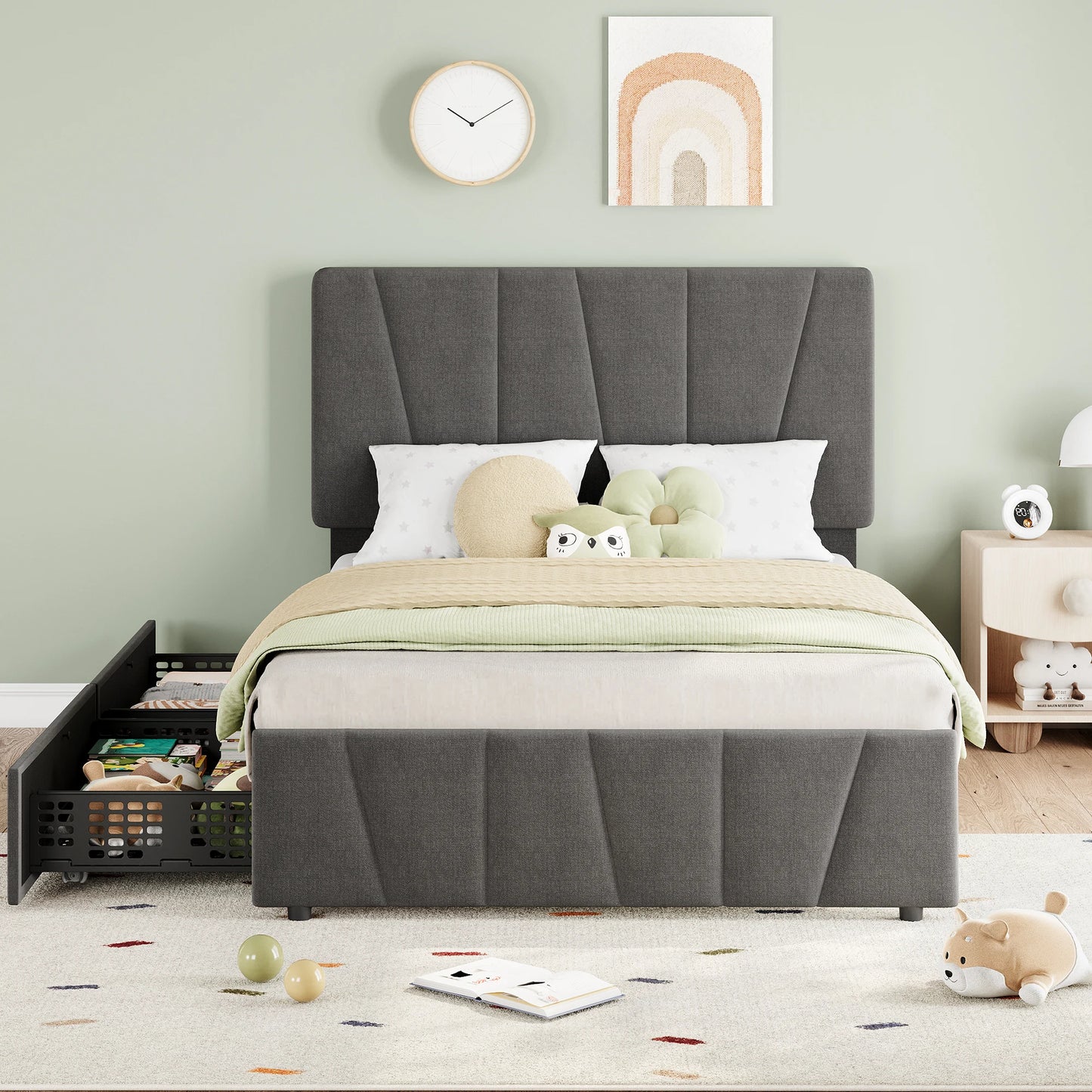 Elegant Full Size Bed Frame with Adjustable Headboard and Storage Drawers