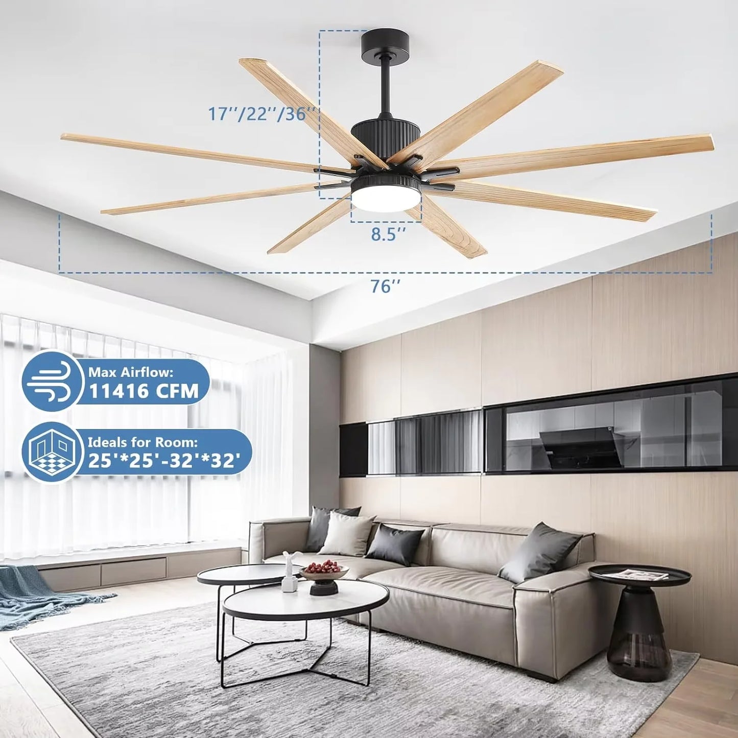 Sofucor 76 Inch Modern Ceiling Fan with LED and Remote Control