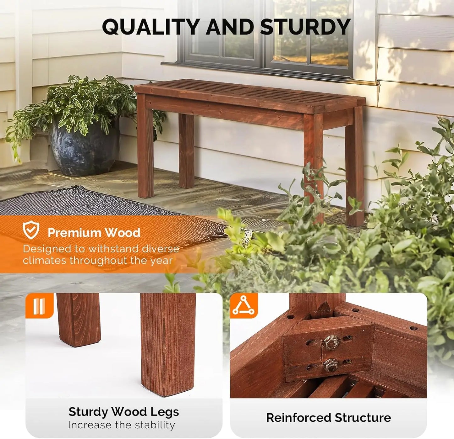 Outdoor Wooden Bench 40 Inch Backless Garden Seat For Patio