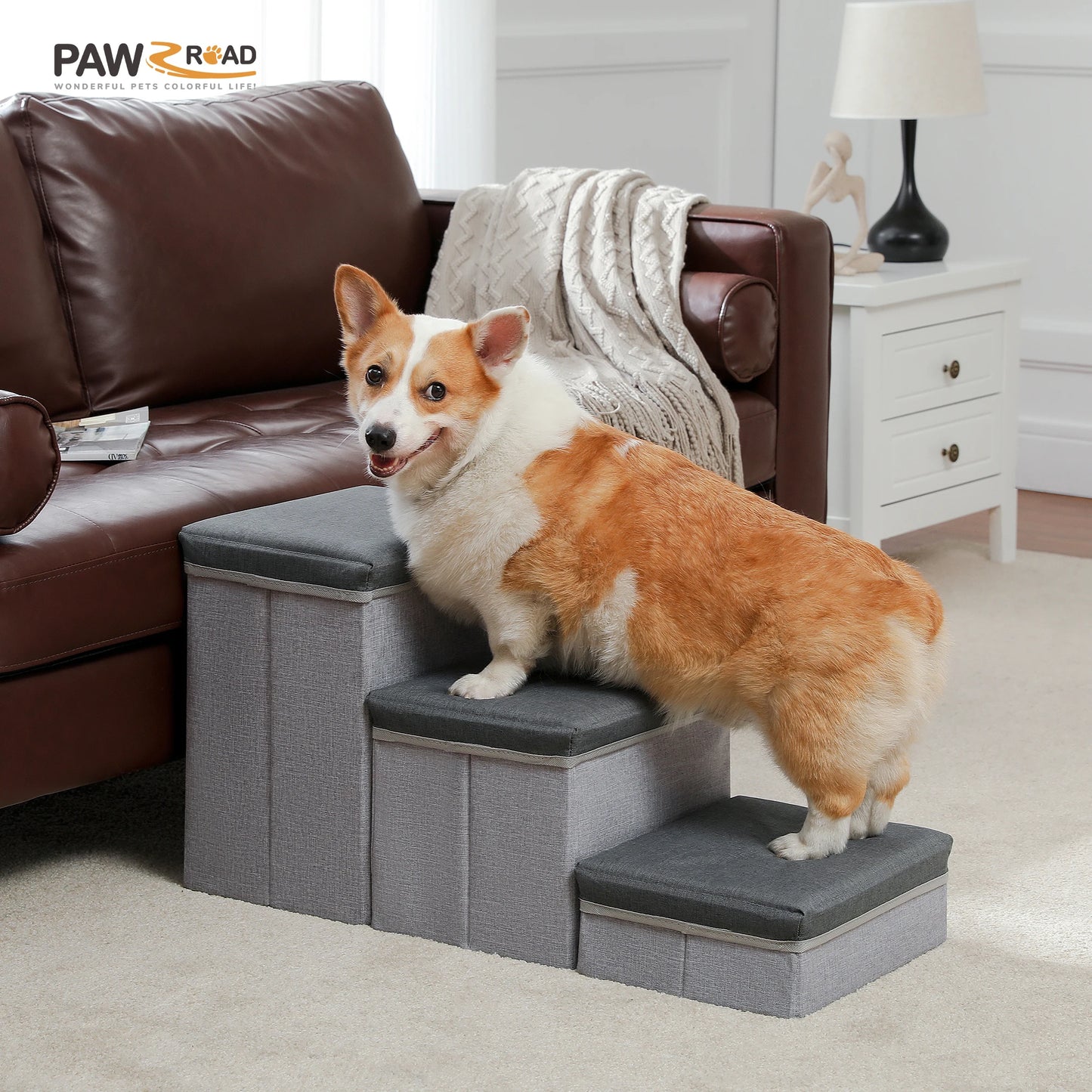 Foldable Dog Stairs With Storage Box Adjustable Height