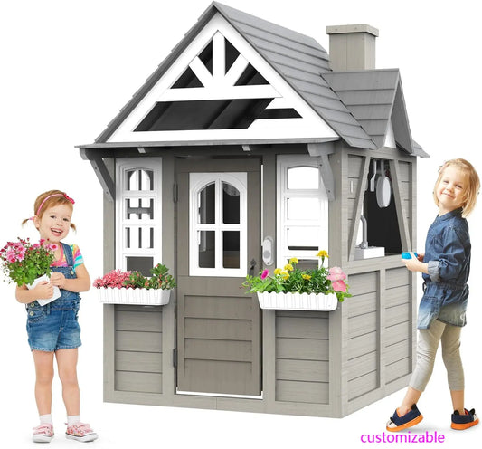 Gray Modern Wooden Kids Playhouse with Sink Stove Outdoor