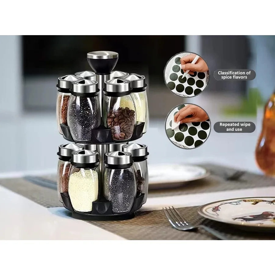 Revolving Spice Rack Organizer with 12 Glass Jar Bottles