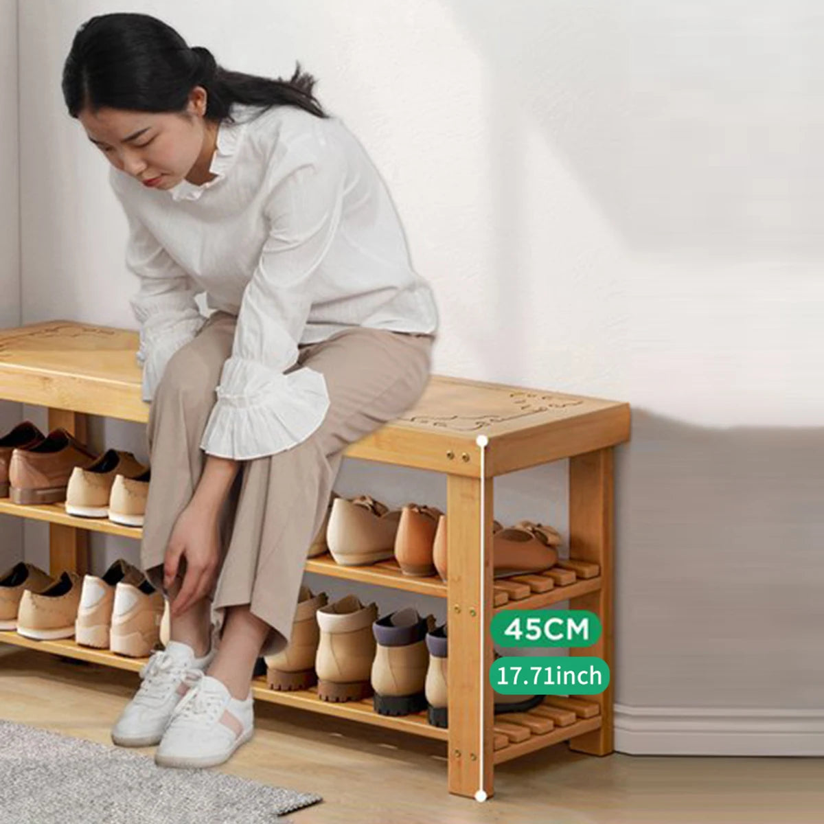 Bamboo 3 Tier Shoe Rack Entryway Bench For Modern Storage