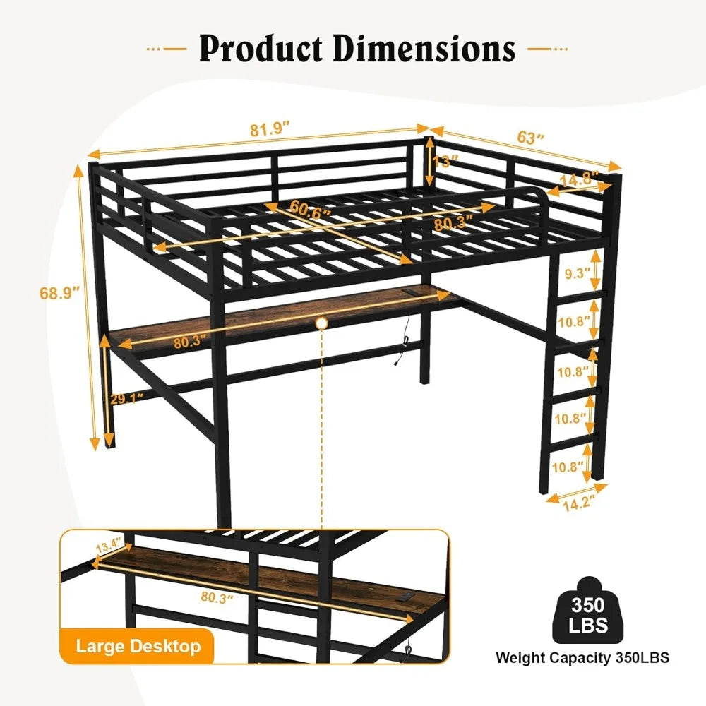 Queen Size Loft Bed With Desk LED And USB Charging