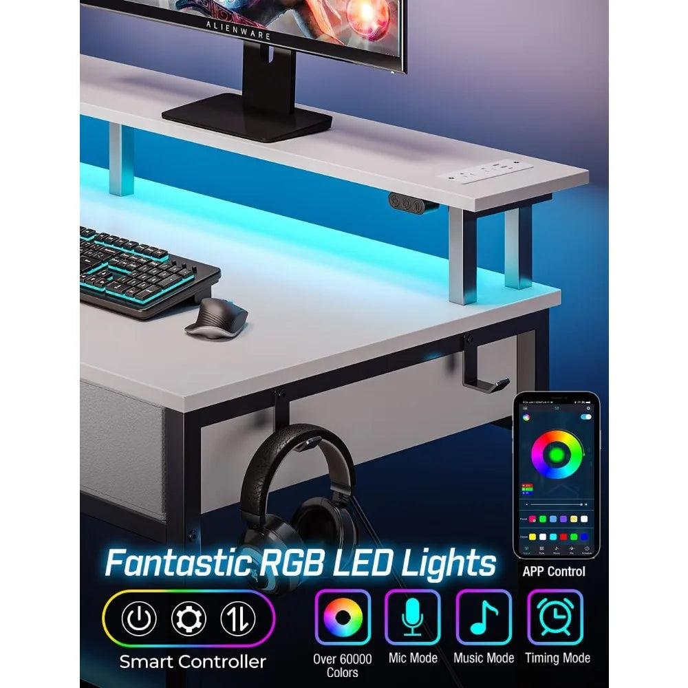 Space-Saving Computer Desk with Power Outlets and LED Lighting