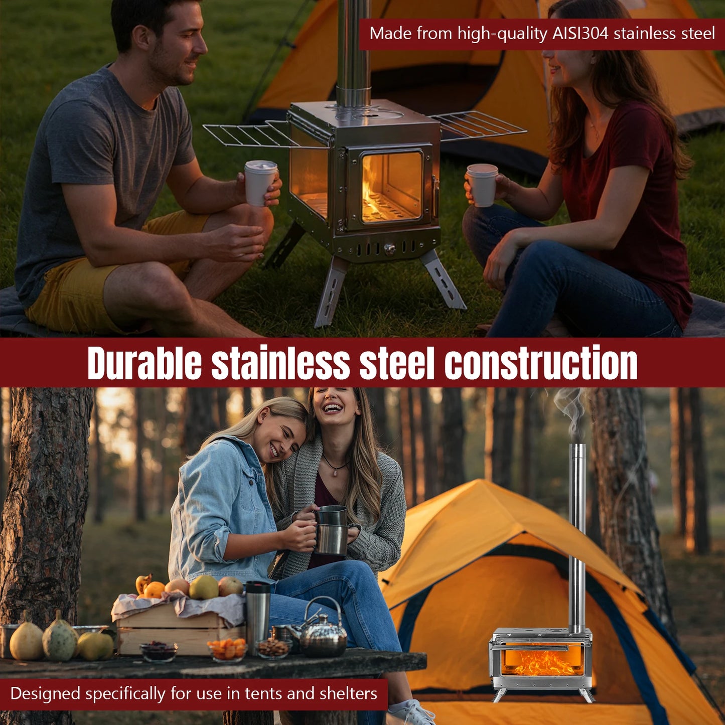 Portable Tent Stove Wood Burning Rustproof With Chimney