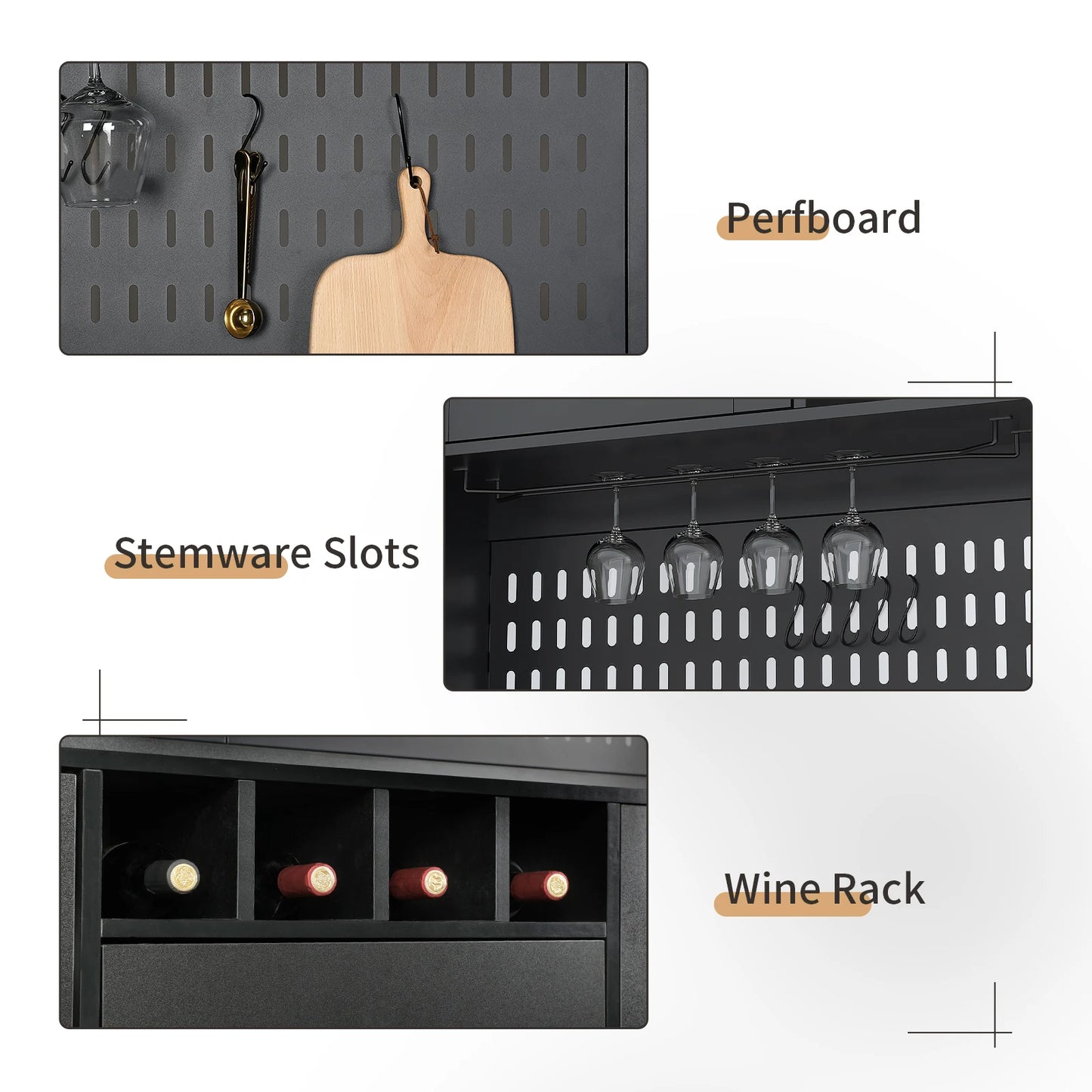 Modern Black Kitchen Storage Cabinet with Power Outlet and Pegboard